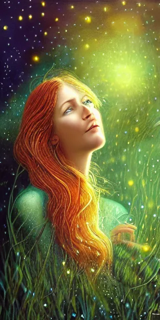 Image similar to infp young woman, smiling amazed, golden fireflies lights, sitting in the midst of nature fully covered, long loose red hair, intricate linework, bright accurate green eyes, small nose with freckles, oval shape face, realistic, expressive emotions, dramatic lights magical scene, hyper realistic ultrafine art by michael cheval, jessica rossier, boris vallejo