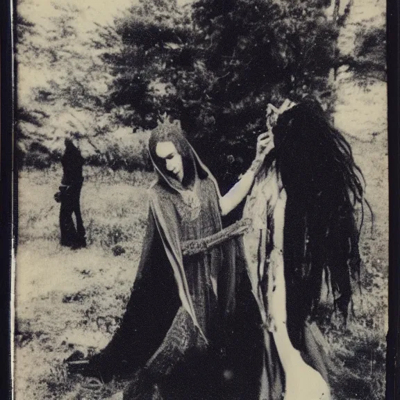 Prompt: a beautiful witch summoning a horrible demon, a polaroid photo taken by lucifer