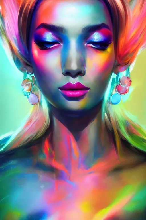 Prompt: chromatic goddess of colors, d & d, full body portrait, mixed media, seductive look, chromatic aberration, hyper realistic, highly detailed, headshot, digital painting, trending on artstation, concept art, sharp focus, illustration, art by wlop and artgerm and greg rutkowski and ayami kojima
