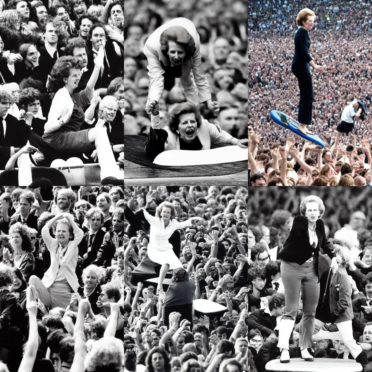 Prompt: photo of Margaret Thatcher croudsurfing during a Queen show at Wembley 1986, high quality