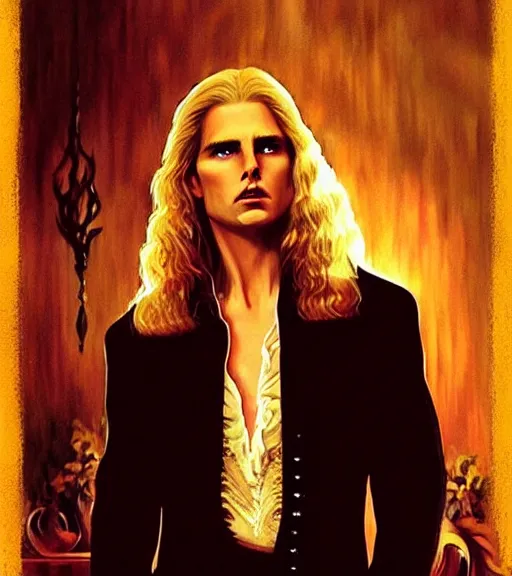 Prompt: majestic gracious regal aristocratic a blond long haired tom cruise as lestat de lioncourt portrait, luxurious indoor setting, atmospheric lighting, painted, voluptuous, menacing, intricate, volumetric lighting, rich deep colours masterpiece, sharp focus, ultra detailed, by leesha hannigan, ross tran, thierry doizon, kai carpenter, ignacio fernandez rios