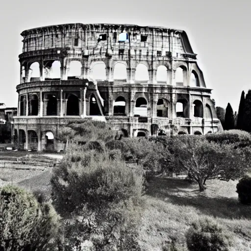 Prompt: a photo of the colosseum of Rome invaded by vegetation, even the surrounding areas of the city are invaded by trees and vegetation, everything seems abandoned.