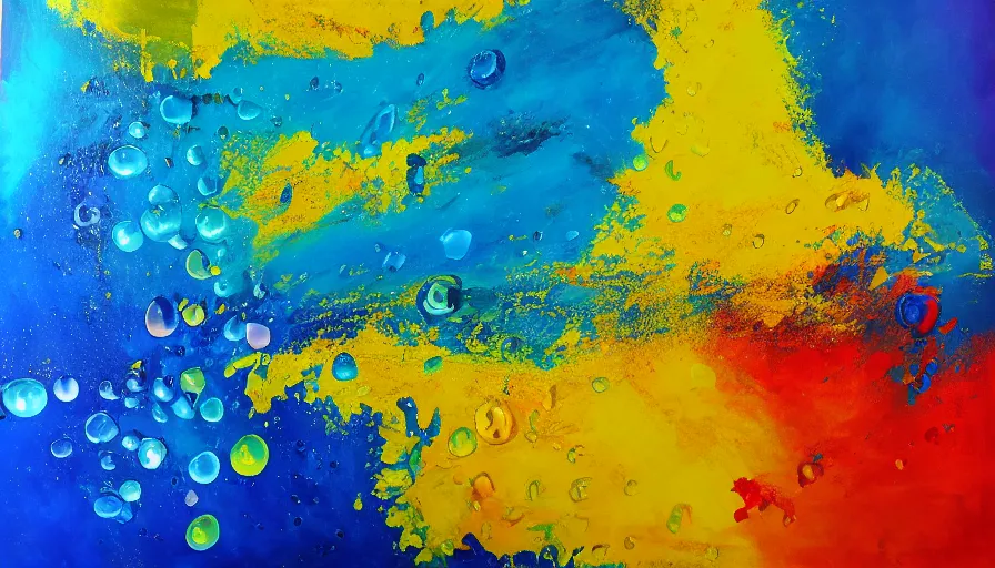 Prompt: painting on canvas, watedrops, blue and yellow colors only, water droplets, acrylic painting, acrylic pouring, painting, influencer, artstation - h 8 0 0