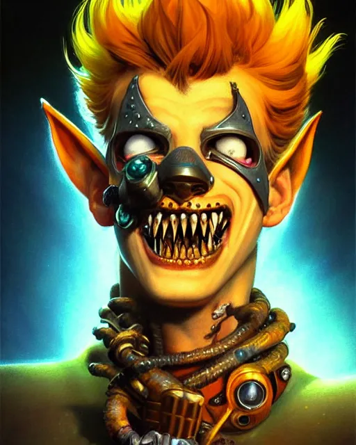 Prompt: junkrat from overwatch, fantasy, fantasy art, fantasy, colorful, elegant, character portrait, portrait, close up, highly detailed, intricate detail, amazing detail, sharp focus, vintage fantasy art, vintage sci - fi art, radiant light, caustics, by boris vallejo