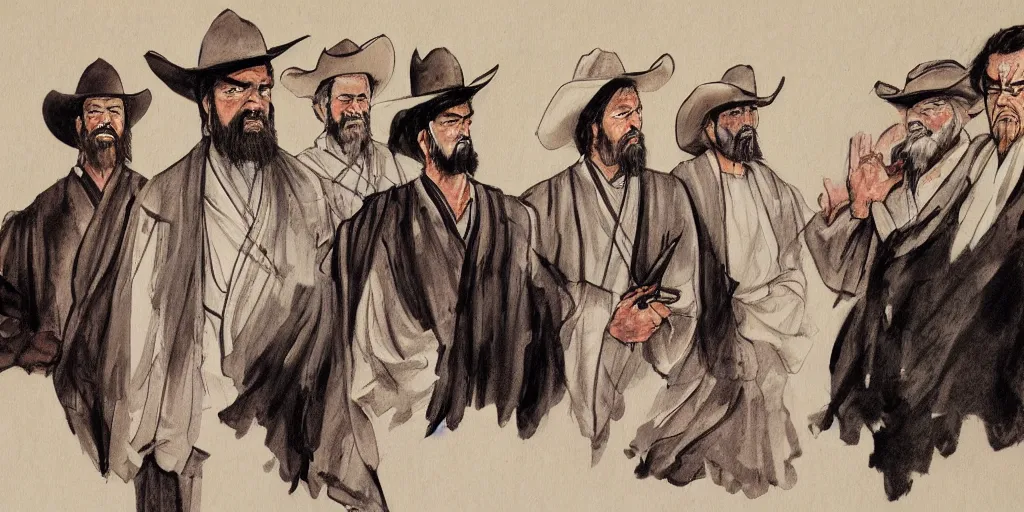 Prompt: Confucius and jury trial of cowboys in the american courtroom sketch by Christine Cornell by Batton Lash by John M. Downs by Leo Hershfield, judge with face of clint eastwood, concept art