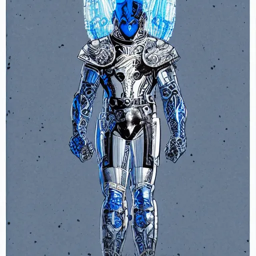 Image similar to white-on-blue blueprint with anotations of ornate armor legs covered in runic tattoos, Travis Charest style