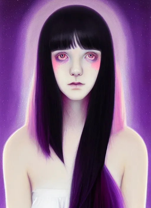 Image similar to portrait of teenage girl with white bangs, red irises, black hair, purple clothes, white bangs, bangs are different color from hair, intricate, front of hair is white rest is black, elegant, glowing lights, highly detailed, digital painting, artstation, concept art, smooth, sharp focus, illustration, art by wlop, mars ravelo and greg rutkowski