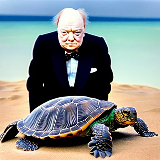 Prompt: An astonished confounded Winston Churchill discovers the first turtle ever in Galapagos, national geographic, BBC, XF IQ4, f/3.2, ISO 200, 1/160s, 8K, RAW, unedited, face retouched, AI enhanced