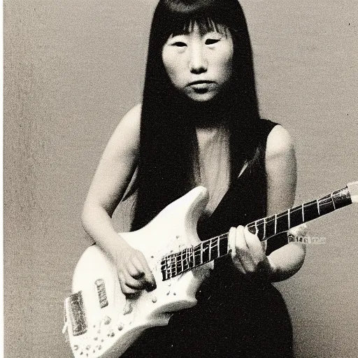 Image similar to a black and white polaroid of a female japanese musician playing an electric guitar, 1 9 7 0 s