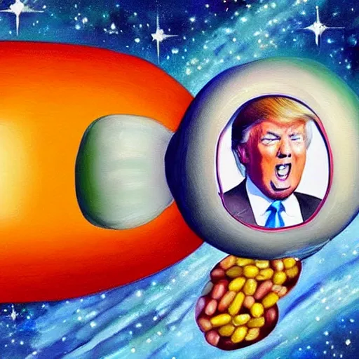 Image similar to a beautiful painting of donald trump as a jellybean in space, highly detailed