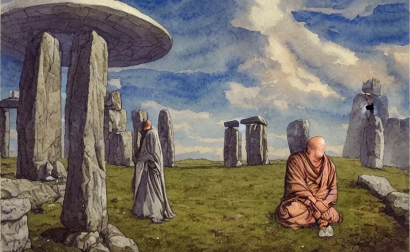 Prompt: a realistic and atmospheric watercolor fantasy concept art of giant monk with a long forehead in grey robes sitting in stonehenge. in the background a ufo is in the sky. by rebecca guay, michael kaluta, charles vess