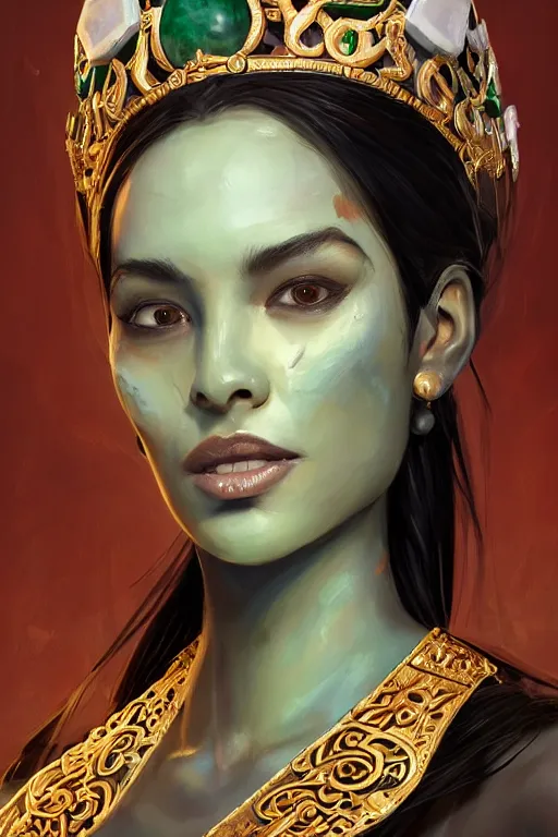 Image similar to a professionally painted portrait of a mayan queen , clothed in jade jewelry , olive skin, long dark hair, beautiful bone structure, symmetrical facial features, intricate, elegant, digital painting, trending on Artstation, concept art, smooth, sharp focus, illustration, from Rayman legends by Ruan Jia and Mandy Jurgens and Artgerm and William-Adolphe Bouguerea, award winning