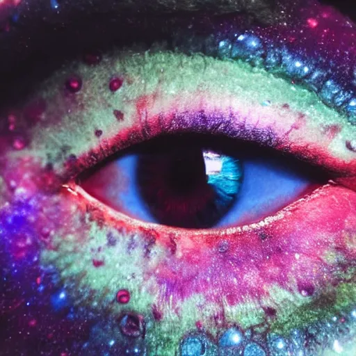 Prompt: a closeup photo of a nebula colored eye, eye photograpy