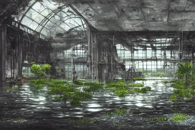 Prompt: A huge interior of a ruined office, flooded with water, lush and aquatic plants covering the place, digital art, trending on Artstation