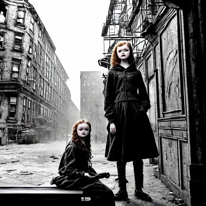 Image similar to mid shot of sadie sink in hoodie sits on bench in ruined square, pedestrians walk by | steampunk tenement windows in background : storyboard, scifi cyberpunk. by gabriel hardman. cinematic atmosphere, detailed and intricate, perfect anatomy