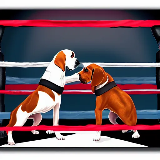 Prompt: two beagle hound dogs boxing with fists, inside a boxing ring hd, realism, hyper detail, intricate detail, 4 k