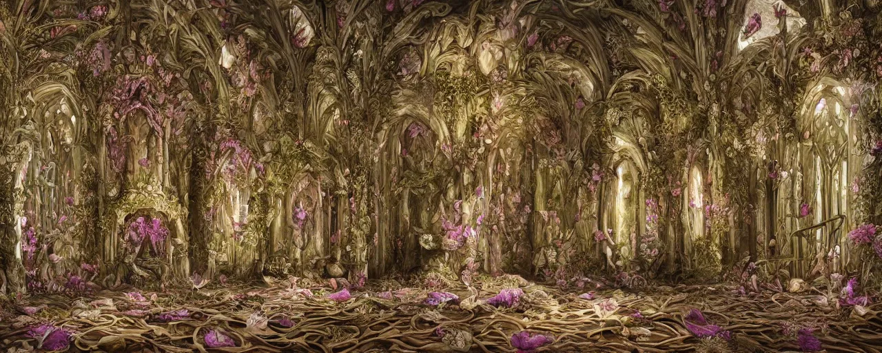 Image similar to hyperrealistic photo of the unseelie court gothic throne room mushrooms and flora