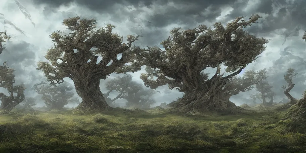 Image similar to swaths of leaned or keeled over windswept trees, no visible soil, high quality fantasy art, 4k