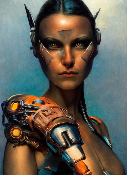 Image similar to ( ( symmetry ) ) closeup portrait of a stunning cyborg girl crying in tears, angular armor, strong cinematic light, backlit, teal orange, viscous volumetric smoke, mist, by gerald brom, by mikhail vrubel, by peter elson, muted colors, extreme detail, trending on artstation, 8 k