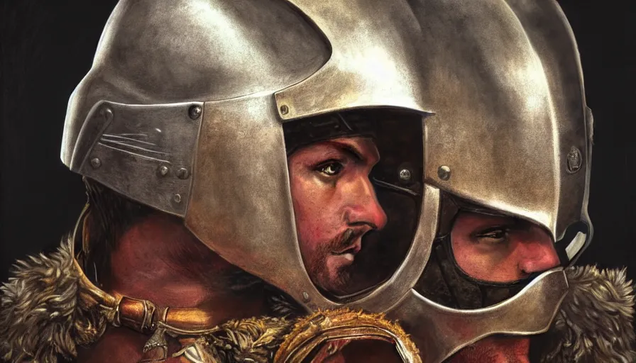 Image similar to full body portrait, a gladiator in a helmet in the arena, hyperrealism, detailed and intricate environment,