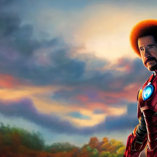 Image similar to a still of Bob Ross as Ironman. Magic Hour. Professional photography, 4K. Mood