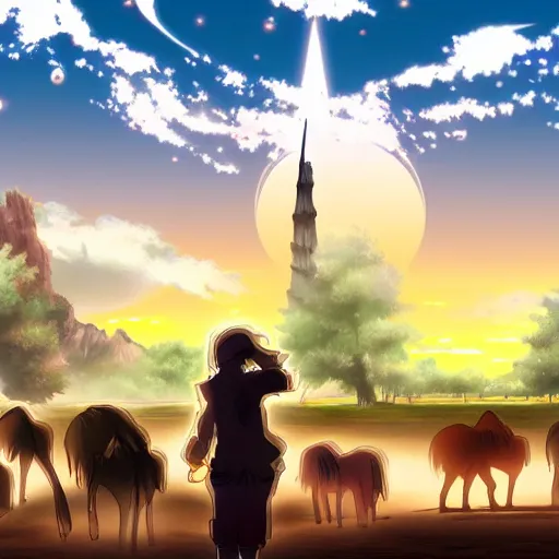 Prompt: Anime style, desert at night filled with centaurs, tall white tower in the background, HD,