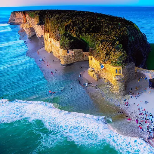 Prompt: a picture of a huge seaside cliff with a beach at the bottom, and small bronen huts in the beach, and a huge mansion on the top of the cliff :: a portrayal of the inequality of living confitions