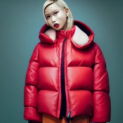 Image similar to realistic photoshooting for a new balenciaga lookbook, color film photography, portrait of a blonde asian woman, model wearing a puffer jacket, photo in style of tyler mitchell, 3 5 mm,