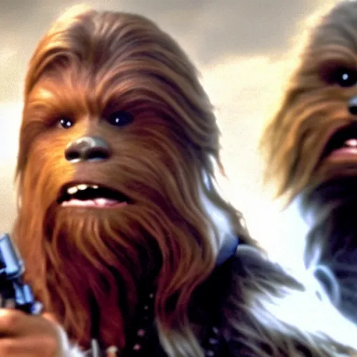 Image similar to a still of mark hamill as han solo, with chewbacca, in return of the jedi, 8 k