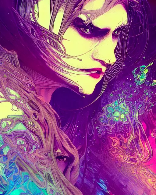 Prompt: glitch art close up portrait vampire, glitches, vaporwave, highly detailed, very intricate, graphical errors, neon glitch, chromatic aberration, harsh lighting, award - winning, unreal engine 5, illustration by mandy jurgens and alphonse mucha and alena aenami, glitch color palette, featured on artstation