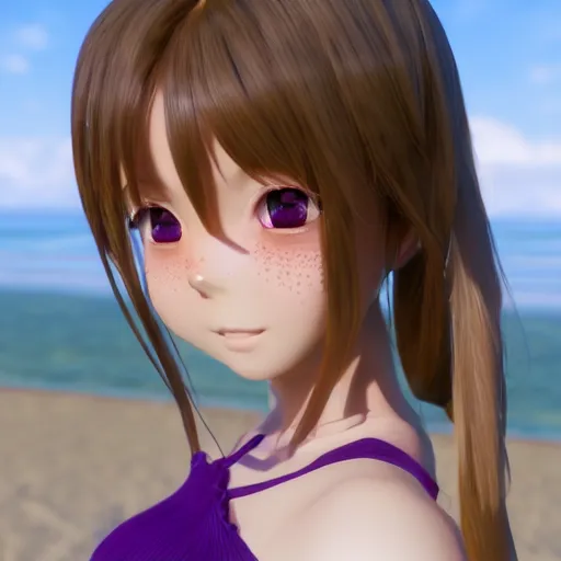 Image similar to Render of a very beautiful 3d anime girl, long hair, hazel eyes, cute freckles, purple hair, full round face, short smile, cute sundress, serene beach setting, medium shot, mid-shot, highly detailed, trending on Artstation, Unreal Engine 4k