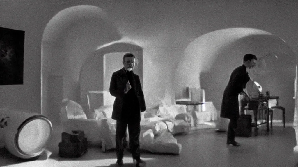 Image similar to an mri image of james cavell in the living room, film still from the movie directed by denis villeneuve with art direction by salvador dali, wide lens