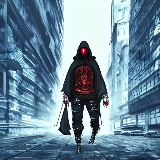 Prompt: character design, hooded running ninja cyborg in big city, skyscraper, post apocalyptic cyberpunk, full body, evil, beautiful, 8 k, hyper - realism, realistic,