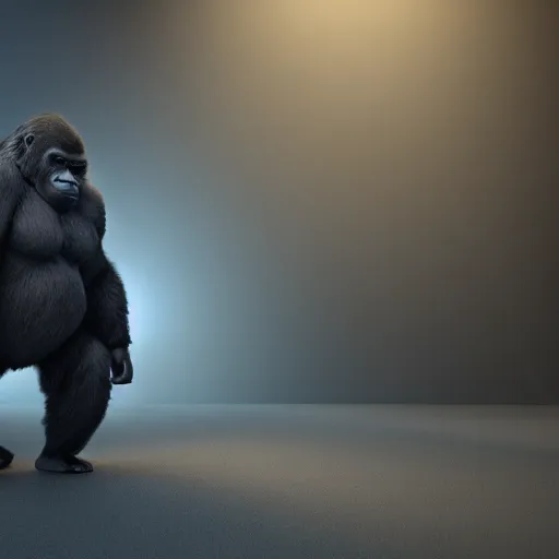 Prompt: happy gorilla wearing a suit carrying a briefcase in the style of pixar, volumetric lighting, redshift render, 4 k, detailed