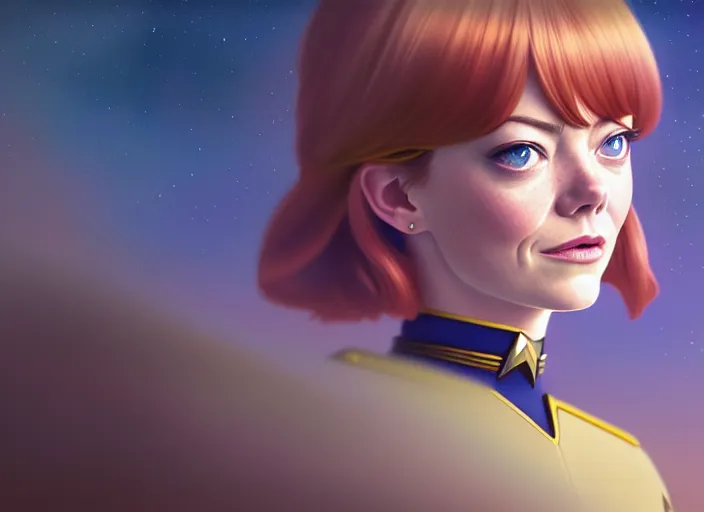 Prompt: a disney film still of emma stone as a star trek officer, finely detailed features, closeup of the face, perfect art, dusk, blue hour, gapmoe yandere grimdark, trending on pixiv fanbox, painted by greg rutkowski, makoto shinkai, takashi takeuchi, alphonse mucha, akihiko yoshida