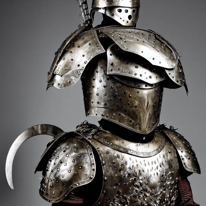 Image similar to full length portrait photograph of a warrior with metal owl armour Extremely detailed. 8k