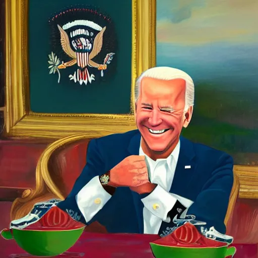 Image similar to a painting of joe biden laugh in tea party with taliban, ultra detailed content : face, gesture, body, mimic. random position content, frontal realistic, sharp focus, intricate, dynamic composition, 2 colors, delete duplicate contents.