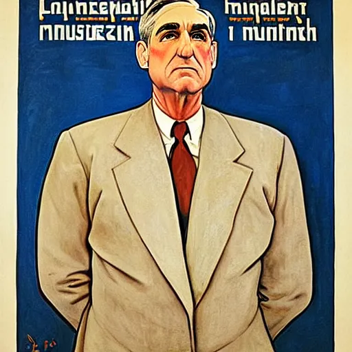 Image similar to socialist realist painting of robert mueller!!! standing with folded arms, czech movie poster by j. c. leyendecker and diego rivera