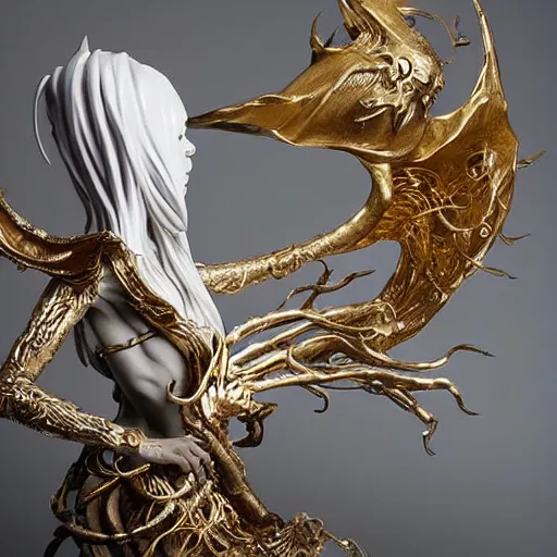 Image similar to angelarium, illithid, cthulhu, white with gold accents, sculpture by ellen jewett