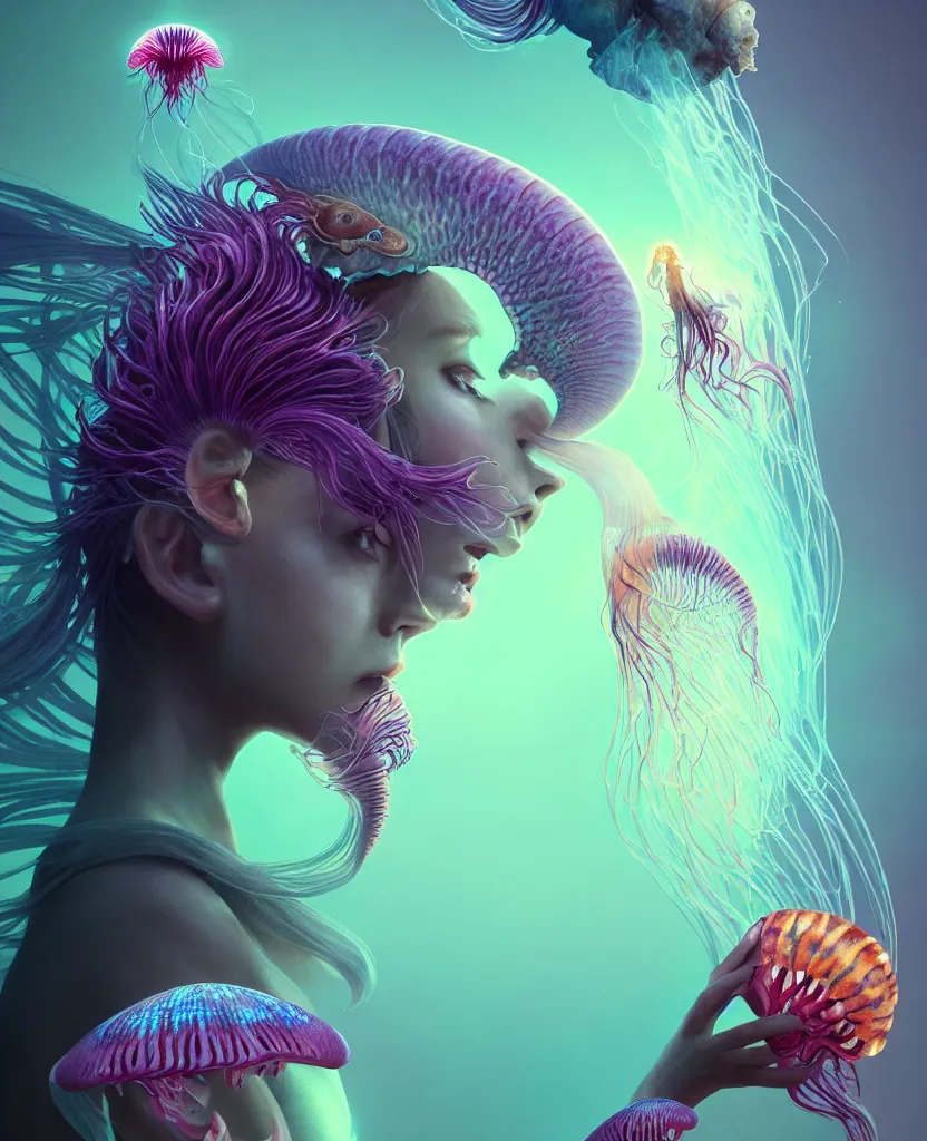 Image similar to goddess close-up portrait. chimera orchid jellyfish phoenix head, nautilus, skull, betta fish, bioluminiscent creatures, intricate artwork by Tooth Wu and wlop and beeple. octane render, trending on artstation, greg rutkowski very coherent symmetrical artwork. cinematic, hyper realism, high detail, octane render, 8k