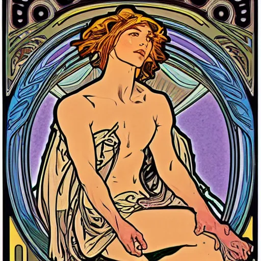 Image similar to prometheus creating humans in the style of alphonse mucha