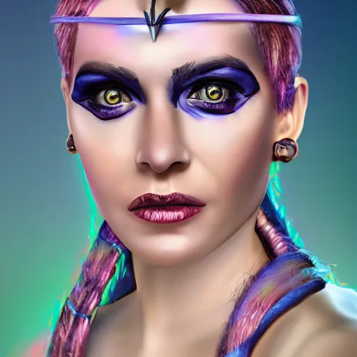 Image similar to professional portrait of a pirate with her skin painted iridescent colors. She is Swashbuckling. Digital art. 8k