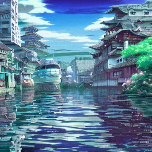 Prompt: spirited away detailed city landscape art by magic the gathering