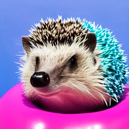 Image similar to a hedgehog sitting on top of an inflatable unicorn bathing toy