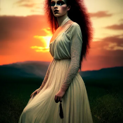 Prompt: photographic portrait of a stunningly beautiful witch pagan priestess female in soft dreamy light at sunset, contemporary fashion shoot, by edward robert hughes, annie leibovitz and steve mccurry, david lazar, jimmy nelsson, breathtaking, 8 k resolution, extremely detailed, beautiful, establishing shot, artistic, hyperrealistic, beautiful face, octane render