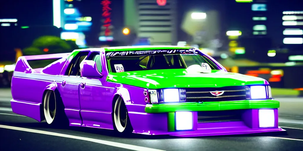 Image similar to anthropomorphic JZX100 twin turbo drift jet engine monster truck drag racer cowboy Cadillac hover-car UFO with cowboy snake facial features speeding in the road, Tokyo prefecture, Japanese architecture, city sunset mist lights, cinematic lighting, photorealistic, detailed alloy wheels, highly detailed purple green snake oil wacky races power ranger bat-mobile transformer car