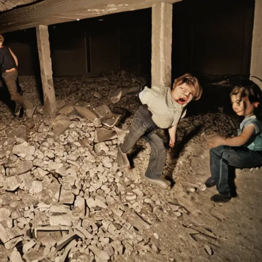 Prompt: crazy children destroying a basement, photograph, high quality