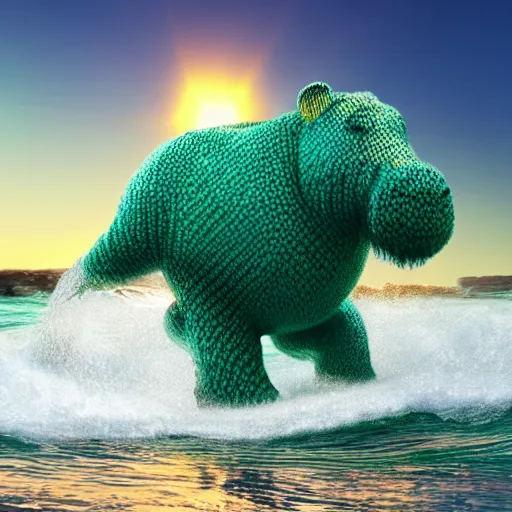 Image similar to a closeup photorealistic photograph of a cute smiling knitted tiger hippopotamus chasing a beachball at sunset. surf in the background. professional capture. this 4 k hd image is trending on artstation, featured on behance, well - rendered, extra crisp, features intricate detail, epic composition and the style of unreal engine.