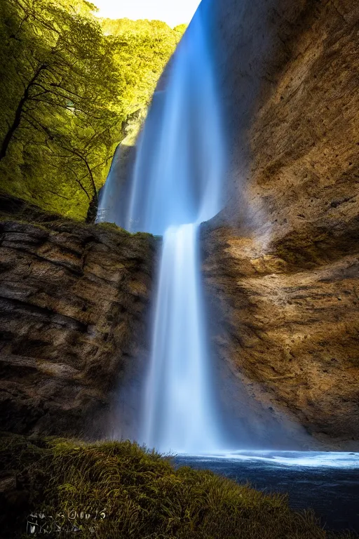 Prompt: An award winning professional photograph of a cliff face with a waterfall, long exposure shot, stunning composition.