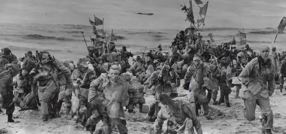 Image similar to the pope storming omaha beach during ww ii